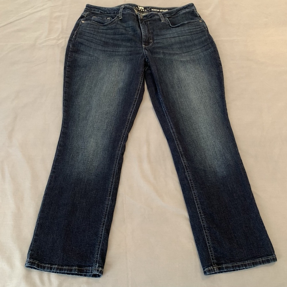 Lee Riders Mid Rise Straight Jeans Womens 14P Blue Dark Wash Stretch Denim Rodeo